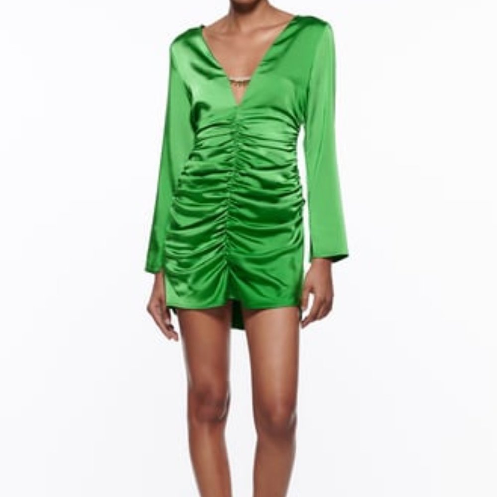 Zara V-Neck Long Sleeve Ruched Mini Dress in Bright Green